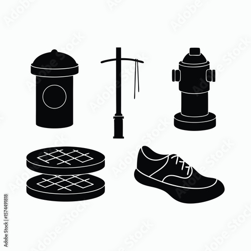 Urban City Street Object Silhouette Icon Set Vector Illustration