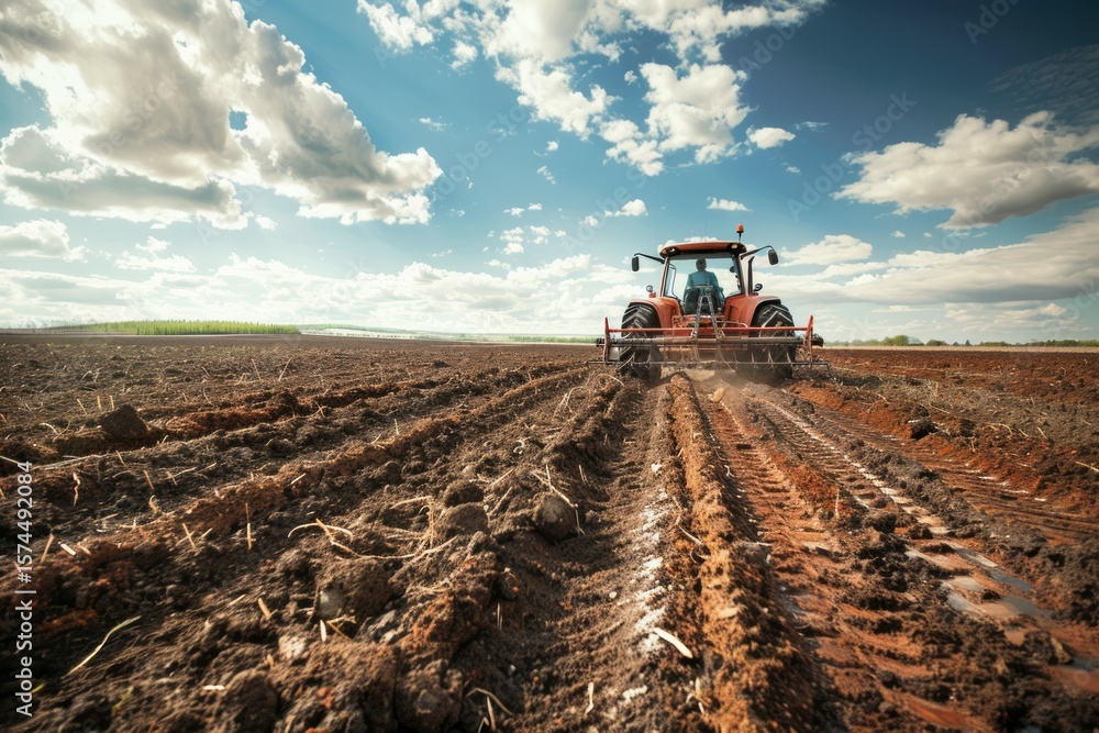 Fototapeta premium Farmer in tractor preparing land with seedbed cultivator as part of pre seeding activities. Neural network ai generated