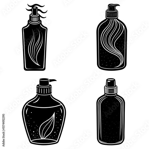 Illustration of four different black and white cosmetic bottles with various pump and spray nozzles