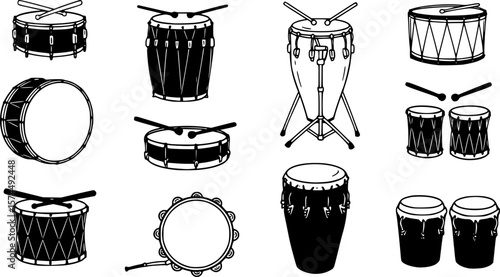 Collection of Black and White Drum Illustrations Representing Musical Instruments

