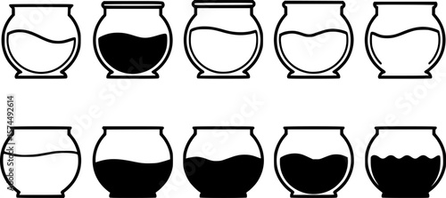 A collection of black and white vector illustrations of fishbowls at varying fill levels
