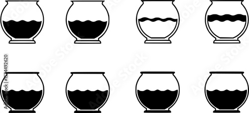 A collection of black and white vector illustrations of fishbowls at varying fill levels
