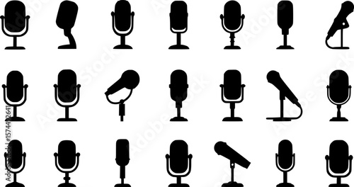Diverse array of black microphone icons illustrating various styles and uses
