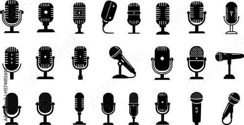 Diverse array of black microphone icons illustrating various styles and uses
