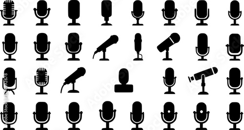 Diverse array of black microphone icons illustrating various styles and uses
