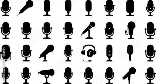 Diverse array of black microphone icons illustrating various styles and uses
