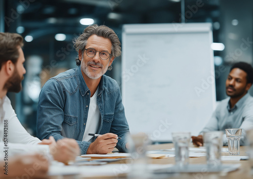 Group of business people in an office sitting around a table, discussing ideas. A man holds a pen and points at a blank whiteboard, promoting teamwork, planning, and strategy