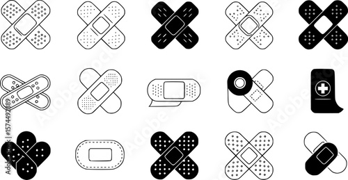 Black and white vector illustration of medical bandages and band aids

