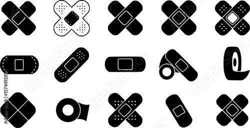 Black and white vector illustration of medical bandages and band aids
