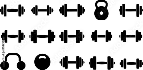 Collection of black dumbbell silhouettes isolated on white background fitness equipment
