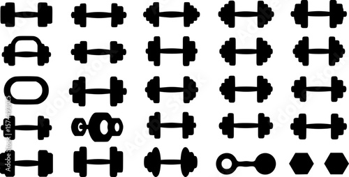 Collection of black dumbbell silhouettes isolated on white background fitness equipment
