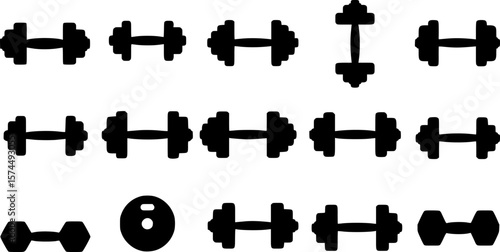 Collection of black dumbbell silhouettes isolated on white background fitness equipment
