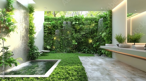 Tranquil indoor garden bathroom with water features.