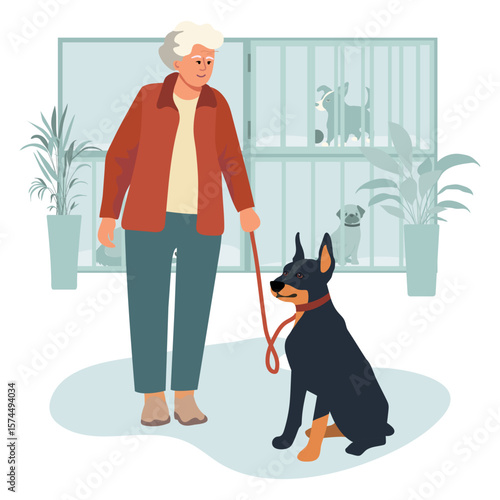 Elderly woman walking a dog with other dogs in shelter environment, suitable for adoption theme