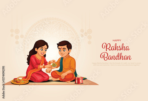 Indian festival happy Raksha Bandhan greeting card. Creative vector illustration design. Brother and sister bonding celebration.