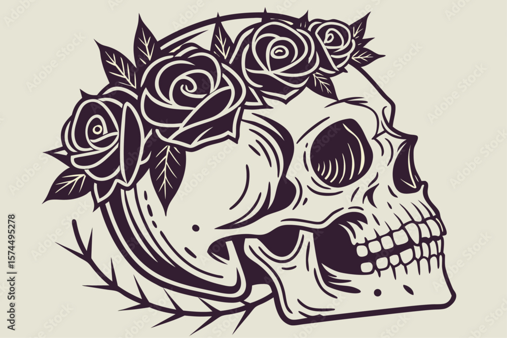 Linocut style skull adorned with a gothic floral crown Linocut style skull adorned with a gothic floral crown