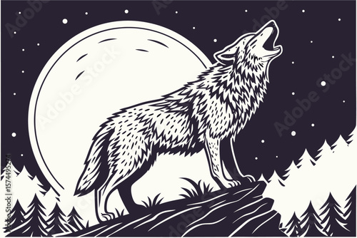 Linocut style wolf howling at moon silhouette with starry night