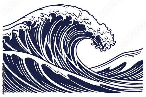 Stylized linocut ocean wave with bold white lines and vibrant colors