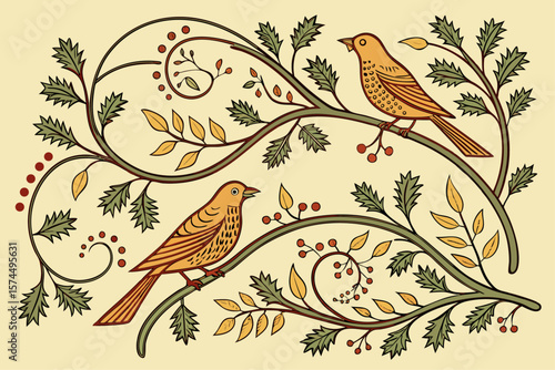 Canvas Print Folk art linocut pattern of stylized birds and swirling vines in black and yello