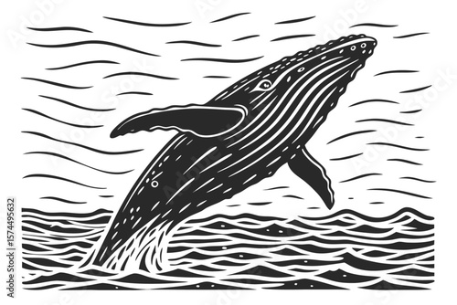 Black linocut whale breaching water with textured background pattern