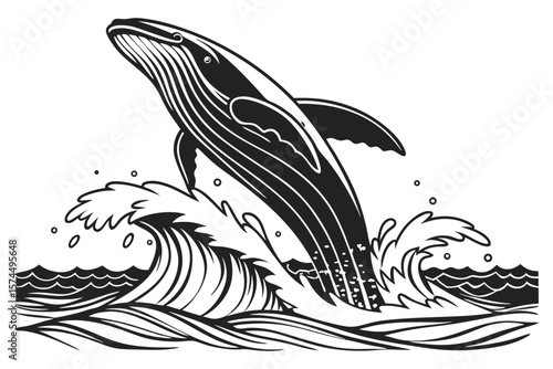 Dramatic black linocut style whale breaching foamy ocean waves