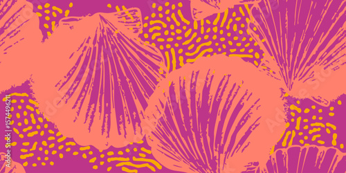 Seashells and Scribbles Seamless Pattern. Sea shell drawing. Red and Pink background.