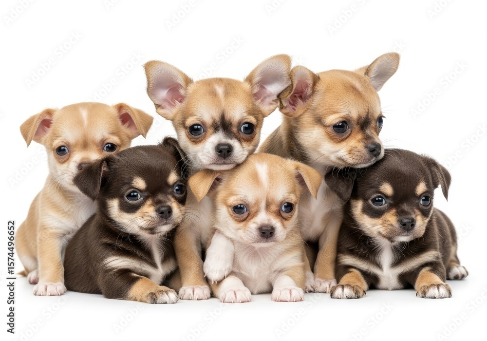 Obraz premium Adorable Chihuahua Puppies Group - Five cute Chihuahua puppies huddled together, a heartwarming scene perfect for pet adoption websites, animal shelters, or pet product businesses