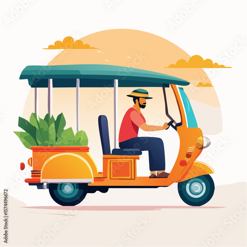 Vector art of a tuk-tuk driver with passengers in a bustling Indian street, cultural details