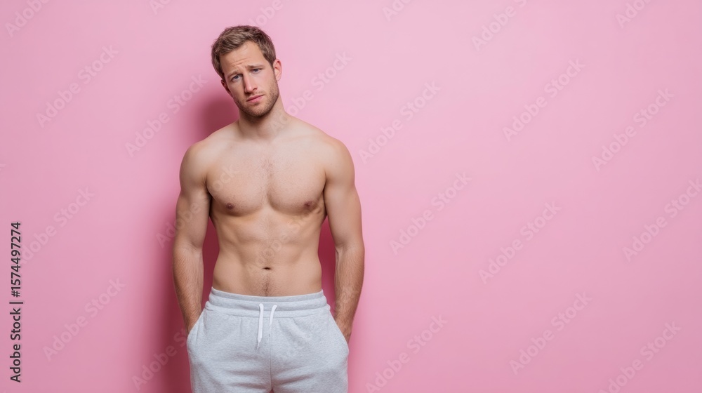 Fototapeta premium A contemplative Caucasian male in casual shorts, pastel mindfulness, Scandinavian simplicity, International Men's Day reflection