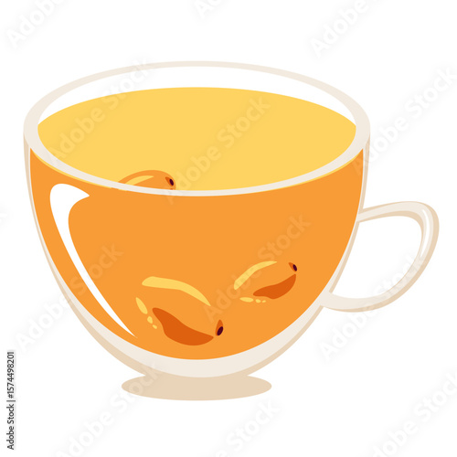 Vector illustration of a warm yellow cup filled with sea buckthorn tea. Cozy and healthy autumn drink perfect for seasonal food design, wellness content, or herbal product packaging
