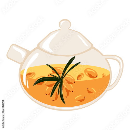 Vector teapot with golden sea buckthorn tea and leaves. Ideal for wellness graphics, autumn food design, and cozy herbal illustrations