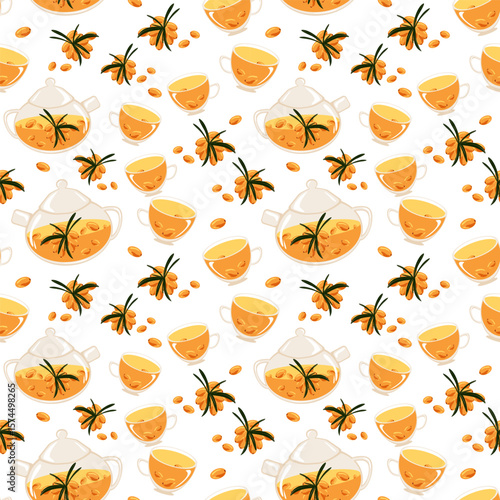 Seamless pattern with teapots, cups, and sea buckthorn tea. Ideal for autumn wellness packaging, herbal product design, and seasonal illustrations.