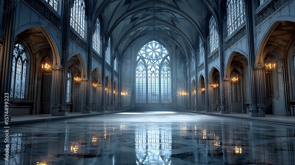 Obraz premium Grand gothic cathedral hall with ornate windows and reflective marble floor