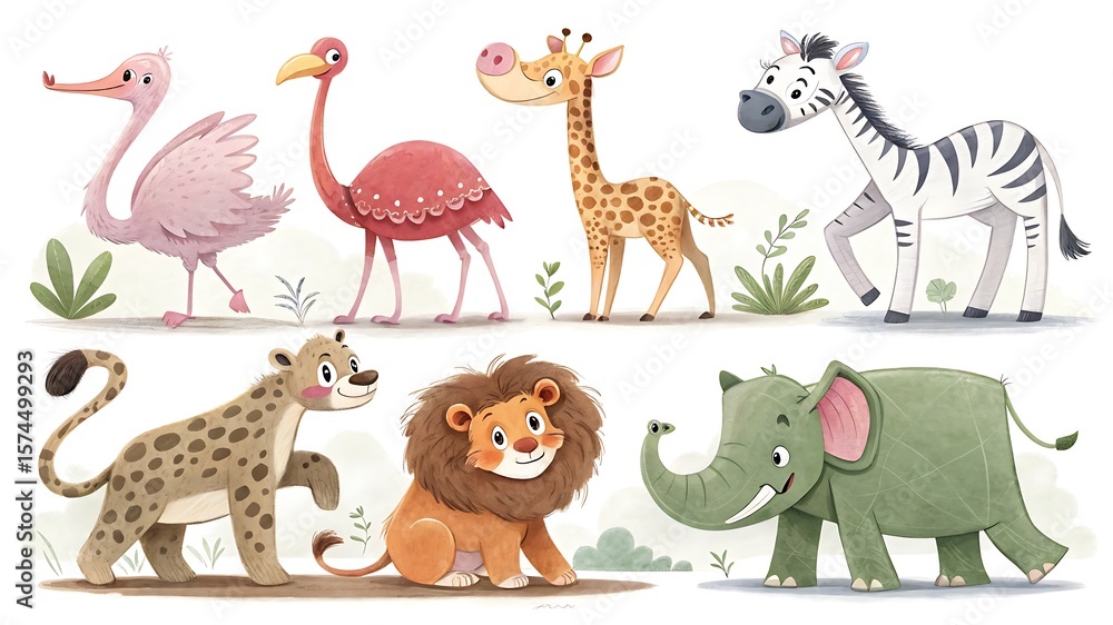 Naklejka premium Watercolor Jungle Animals with White Background