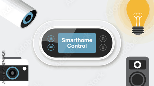 A smart home setup with a control panel, camera, light bulb, and speaker system