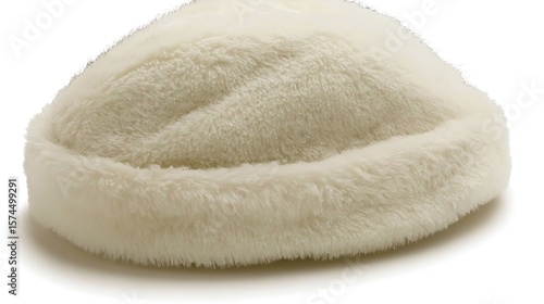 Cream-colored faux fur hat.