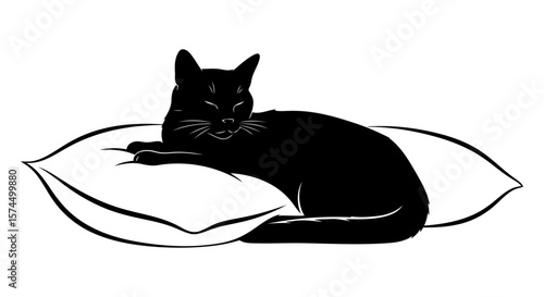 Sleeping Black Cat on a Soft White Pillow: A Serene and Peaceful Image