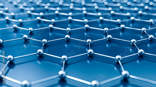 Graphene Atomic Structure on Blue Background – Close-Up Visualization of Hexagonal Carbon Lattice in Nanotechnology and Material Science