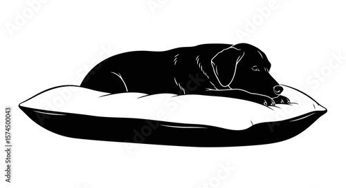 Restful Labrador Retriever Dog on a Pillow: A Black and White Vector Graphic