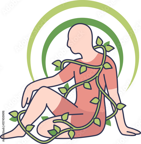 A person sits calmly, entwined with a healing vine. Green arches symbolize a balanced nervous system and deep relaxation, representing the body's natural state of parasympathetic calm.