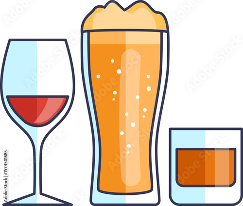 Vector illustration of various alcoholic drinks: red wine, beer, and whiskey. Represents a bar menu, beverage selection, and social drinking.