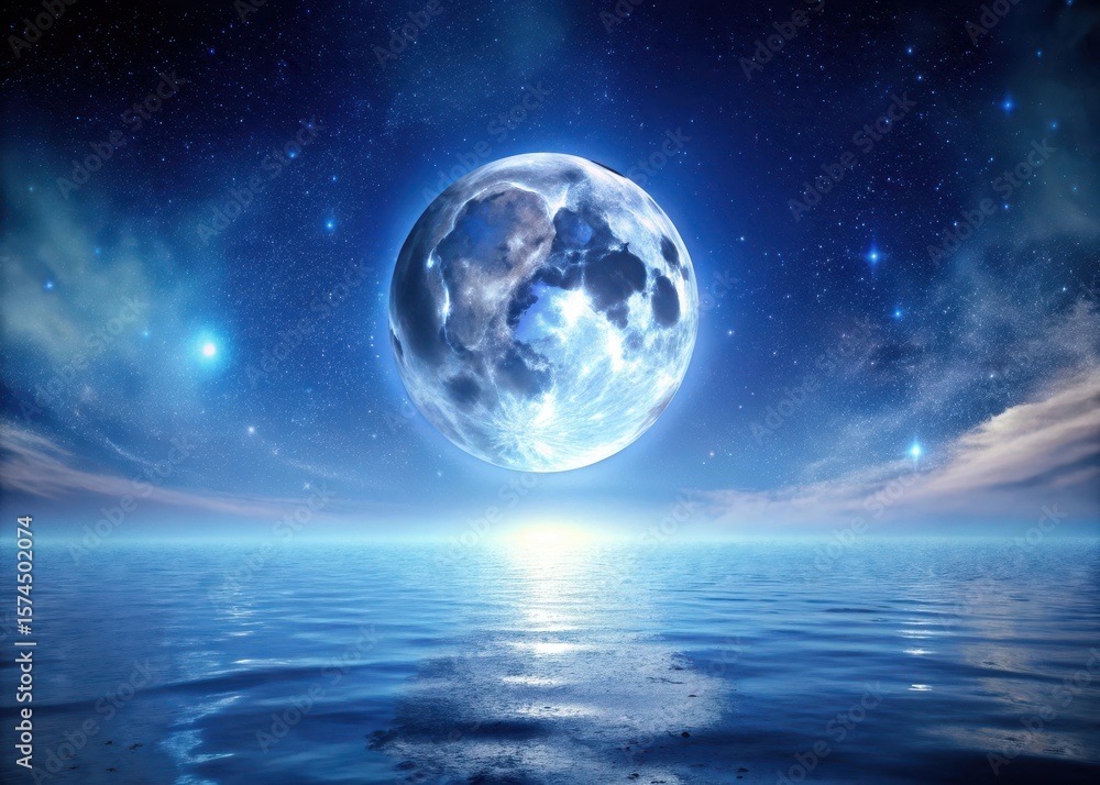 Obraz premium A serene lunar landscape with a full moon glowing brightly against a dark blue night sky