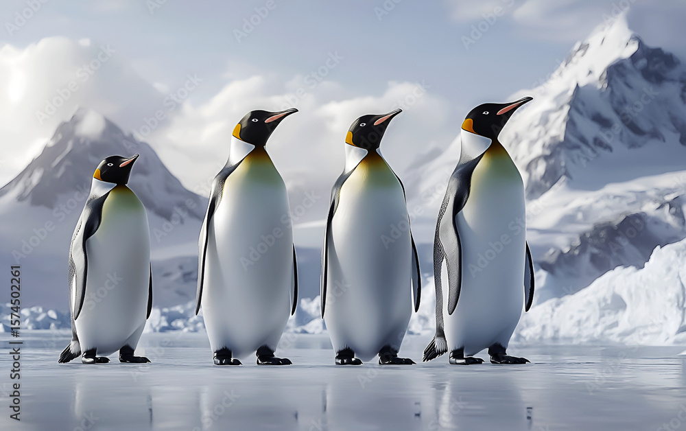 Obraz premium Group of Emperor Penguins on Frozen Ice – Majestic Mountain Backdrop.