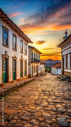 Ancient architecture and stones with colonial style buildings at sunset in Pirenopolis Goias Brazil