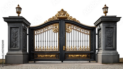 Ornate black and gold wrought iron estate entrance gates with stone pillars and lamps