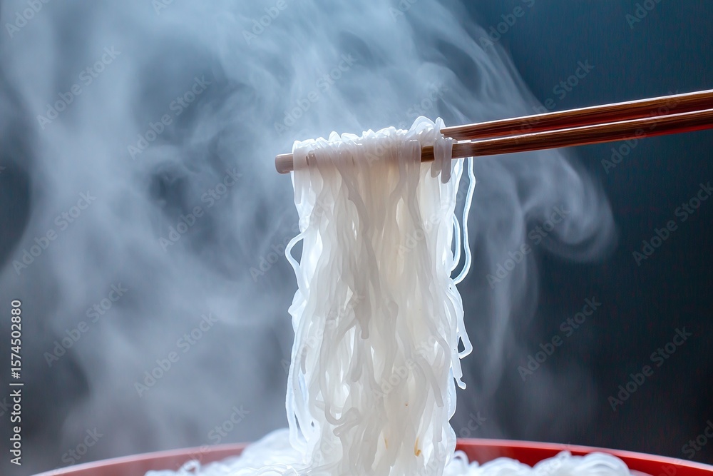 Fototapeta premium Steaming White Rice Noodles Lifted With Chopsticks Close Up Macro Shot