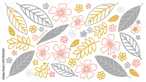 Illustration of flowers and leaves in pastel colors arranged in a scattered pattern on white background
