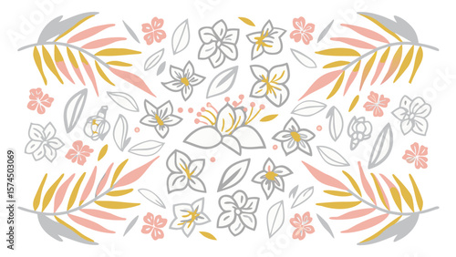 Floral arrangement with pink and yellow palm leaves and sketched flowers on white background design