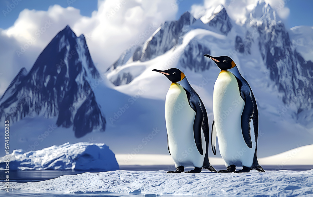 Obraz premium Antarctica Landscape with Emperor Penguins and Snow-Capped Peaks.