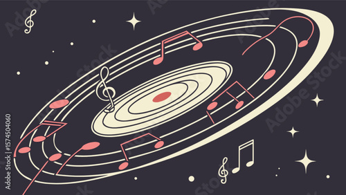Music notes in space conceptual design with vinyl record and musical elements for creative projects